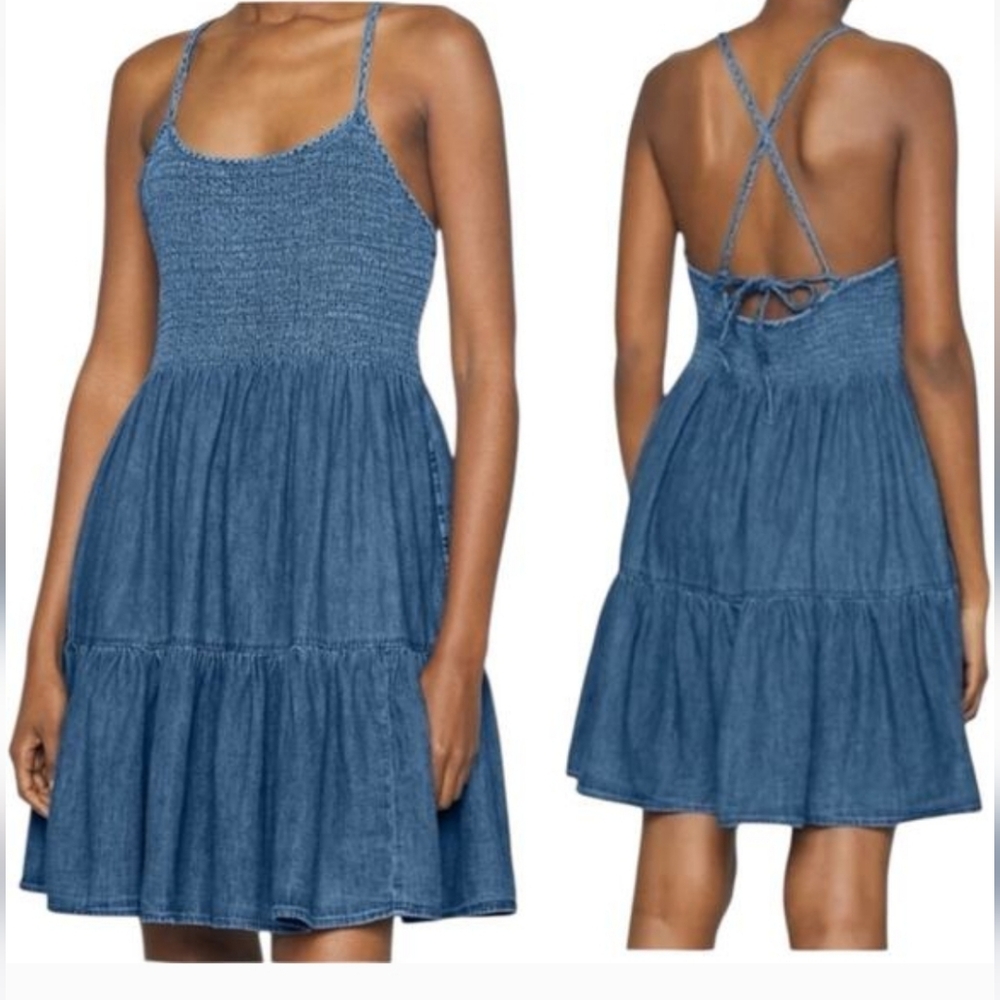 GAP Blue Smocked Teired Denim Summer Cross Tie Back Dress Large